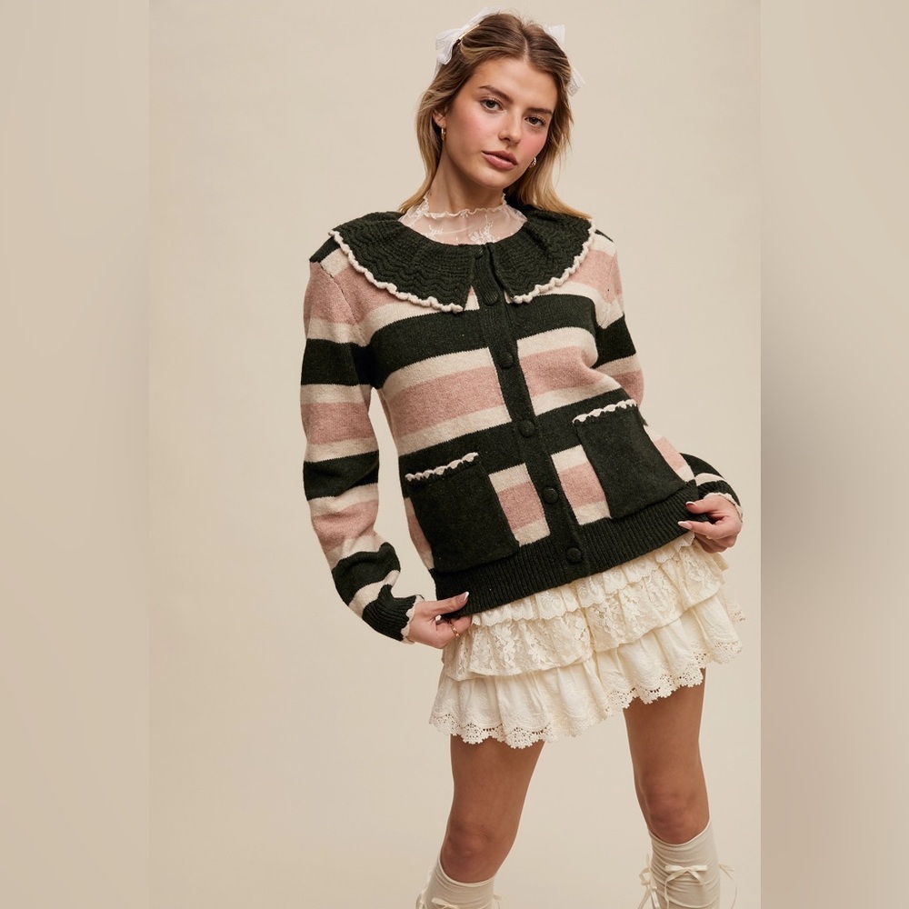 Listicle Striped Knit Cardigan with Scalloped Collar - Picture 2 of 3